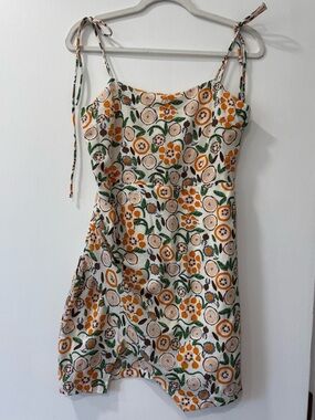 Lush Cream Floral Tie-Strap Dress with Orange & Green Accents